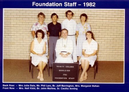 Historic photo of Trinity College Beenleigh foundation staff in 1982 representing the early leadership and establishment of the school