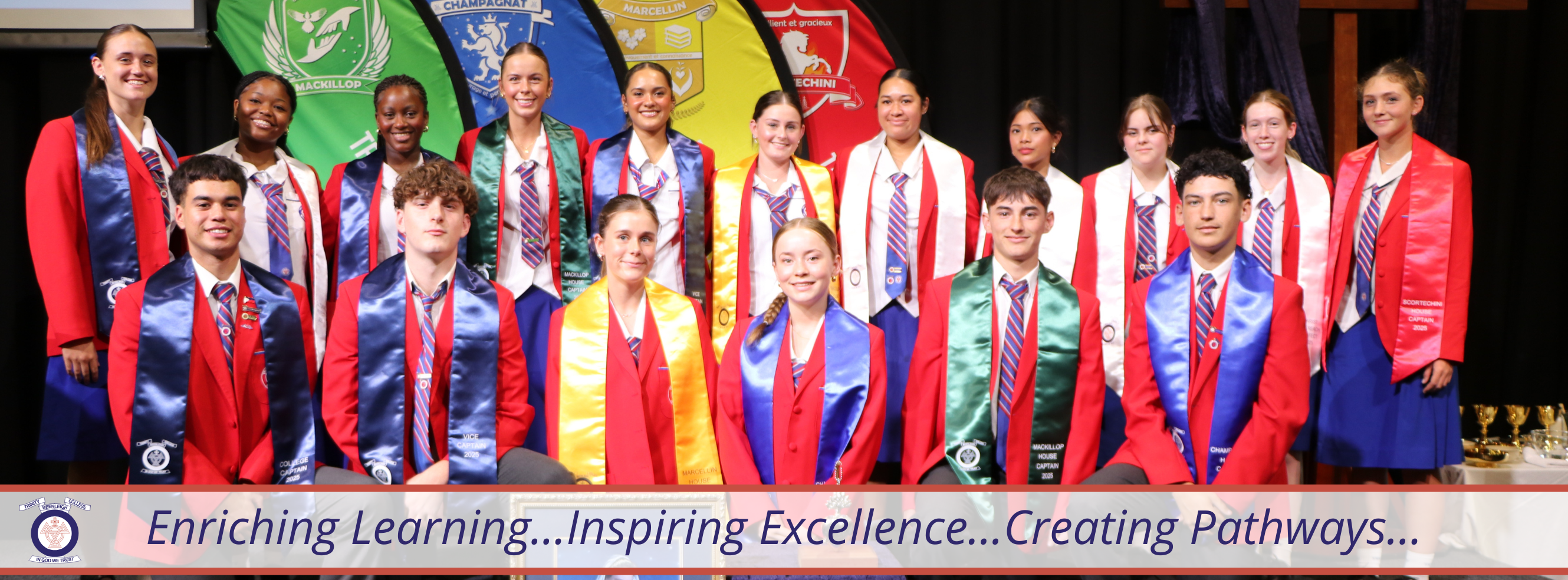 Students in formal uniform with leadership sashes representing student leadership roles achievement and school pride within the college community
