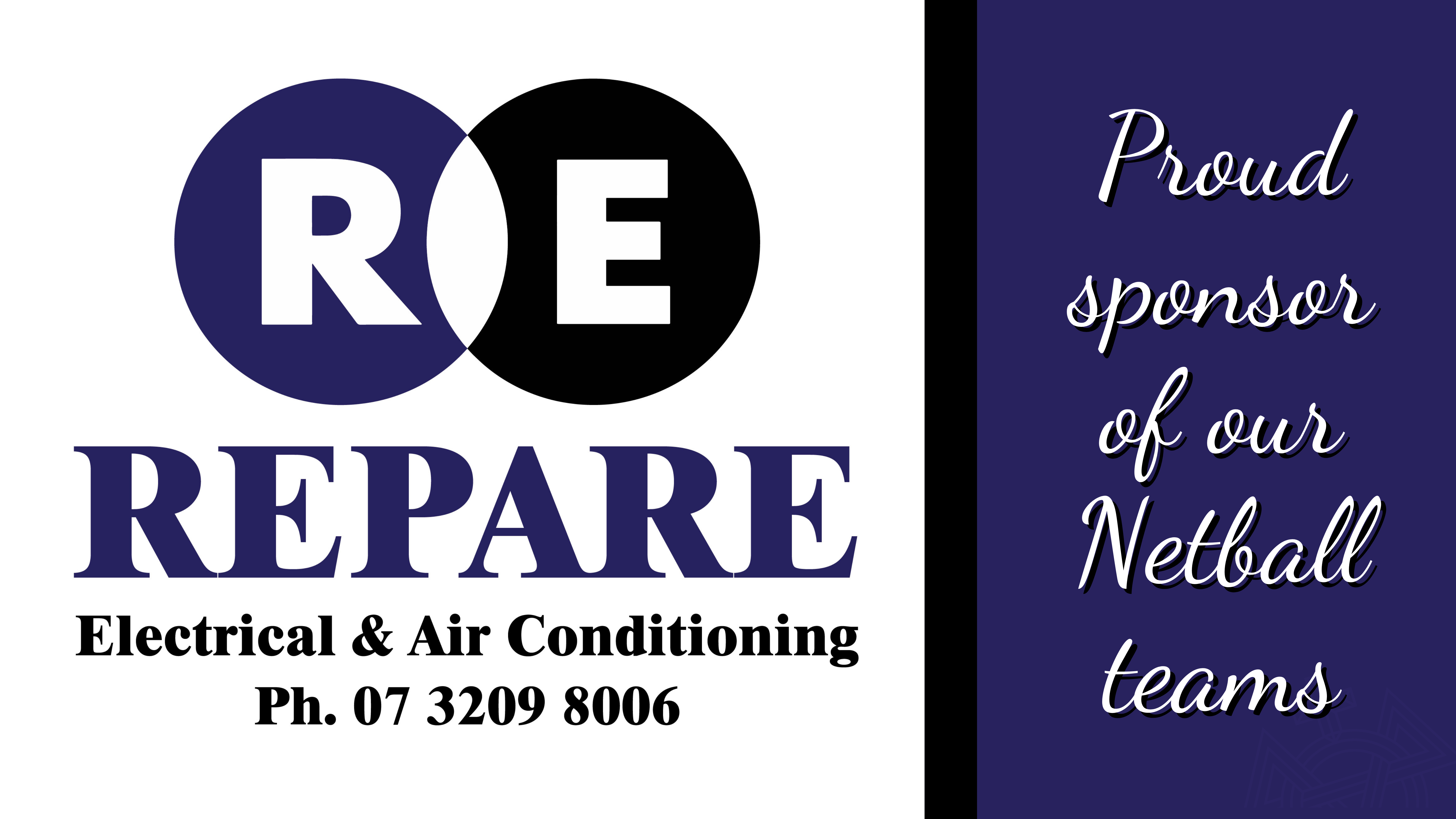 RE Repare Electrical and Air Conditioning sponsor graphic highlighting local services and support for college netball teams