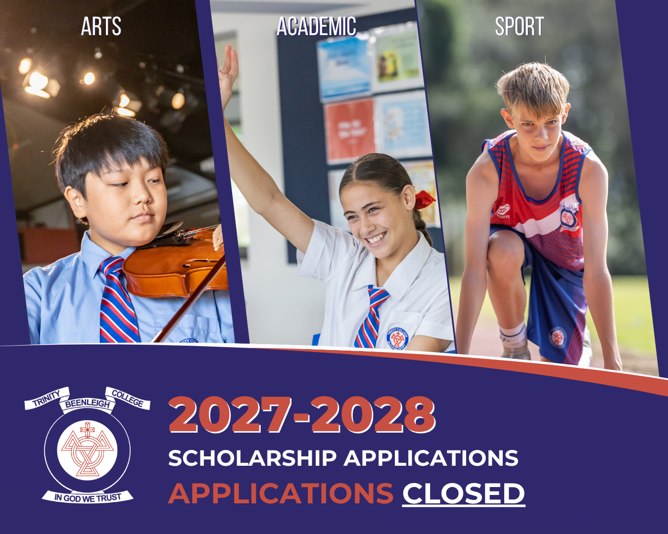 Scholarship applications banner promoting 2027 to 2028 opportunities across arts academic and sport at Trinity College Beenleigh