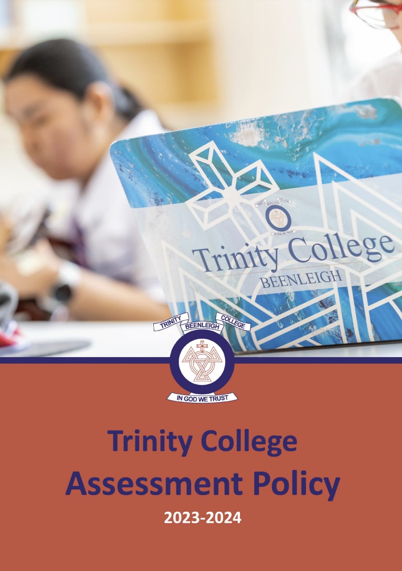 Trinity College Beenleigh assessment policy document cover with students working in classroom background