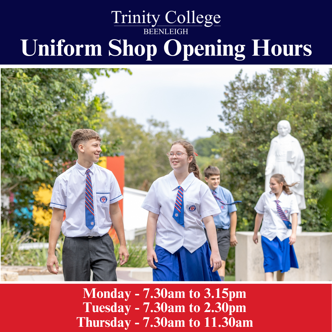 Uniform shop information banner for Trinity College Beenleigh highlighting opening hours and showcasing students within the campus environment