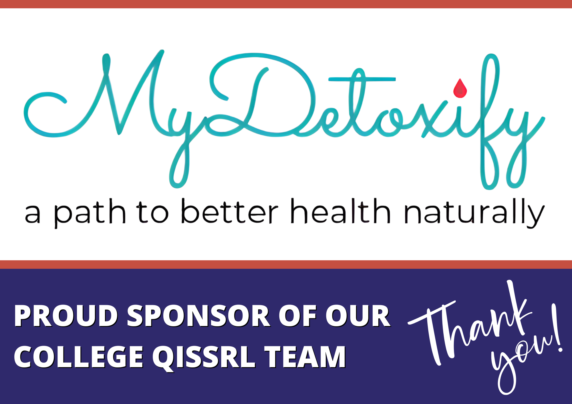 My Detoxify sponsor graphic highlighting support for college QISSRL teams and promoting health focused services