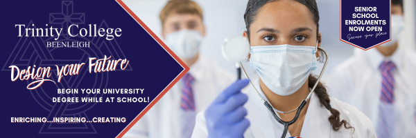 Student in science lab holding magnifying glass with Trinity College Beenleigh enrolments now open design your future banner